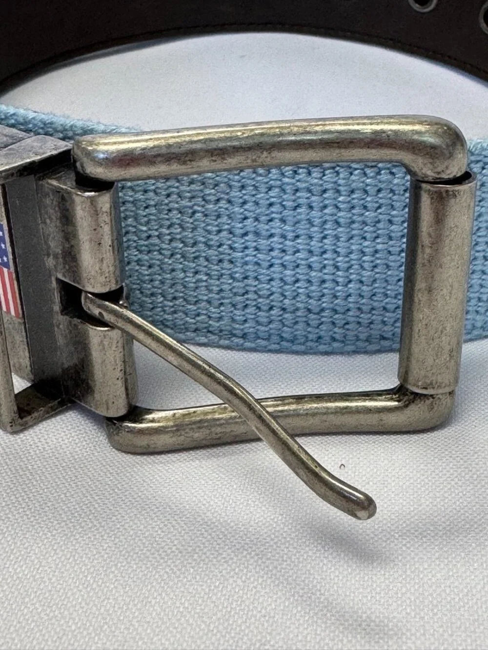 U.S. Polo Assn. Light Blue Canvas Men's Belt with American Flag Buckle Size 34